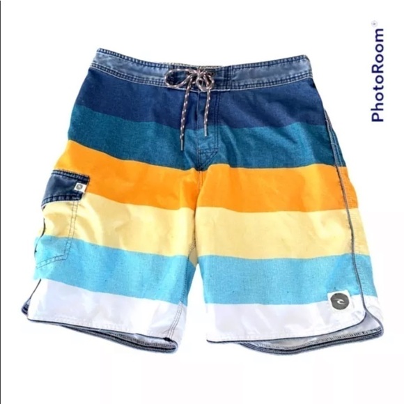 Men Ripcurl Sz 32 Board Shorts Swim Trunks Side Pocket Logo Blue Stripe 20" EUC - Picture 1 of 7